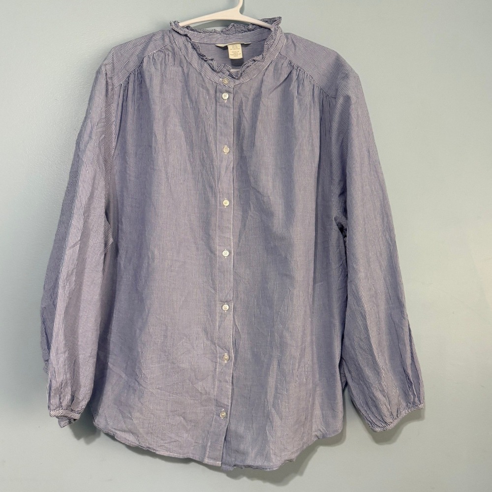H&M Women's XL Blue White Striped Cotton Ruffle Neck Button Down Blouse Top 1049